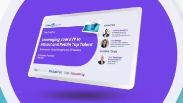 Webinar poster on talent retention strategies, featuring speakers and details.